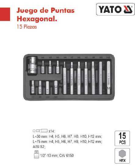 SET PUNTAS HEXAGONAL CORTAS-LARGAS 15PCS YATO - Yato (FRFH-000053)